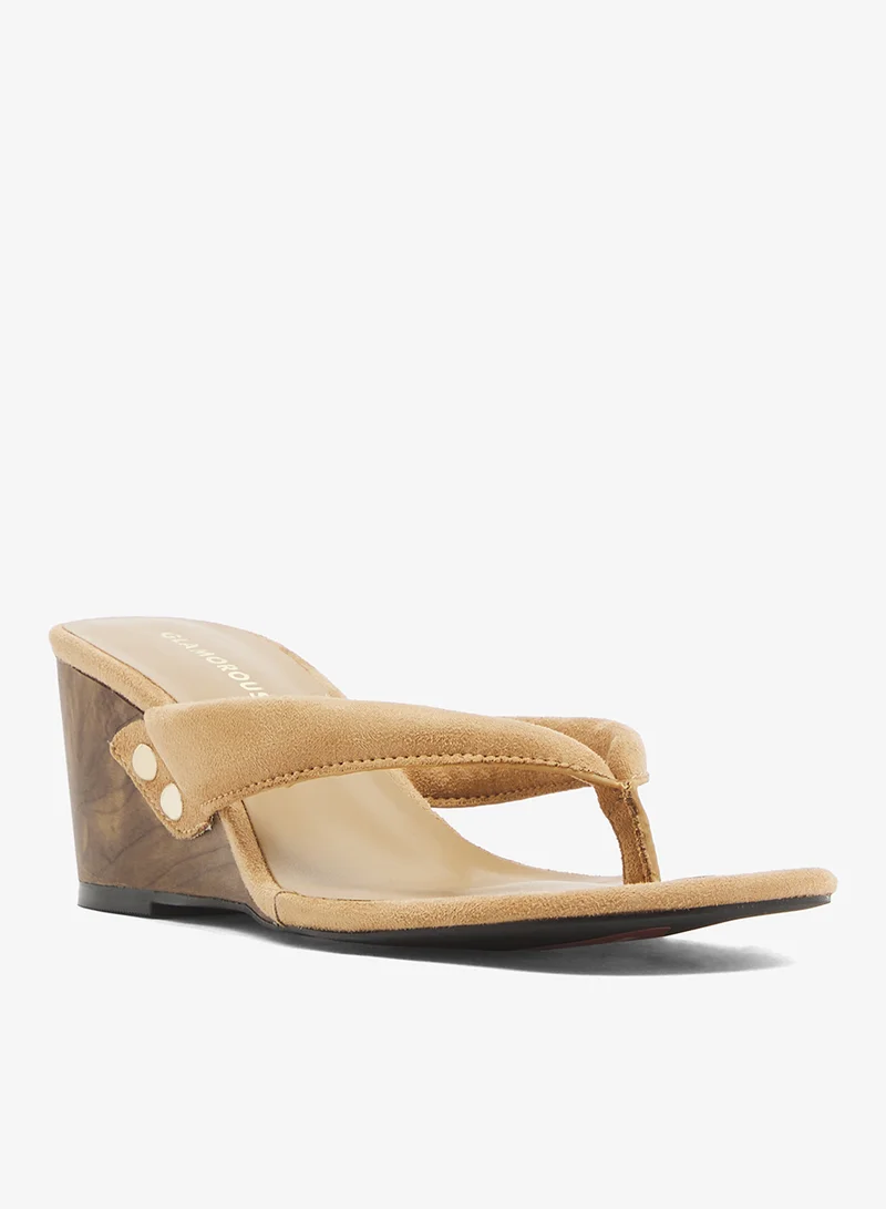 GLAMOROUS Neutral Suedette Toe Thong Wedge Sandals